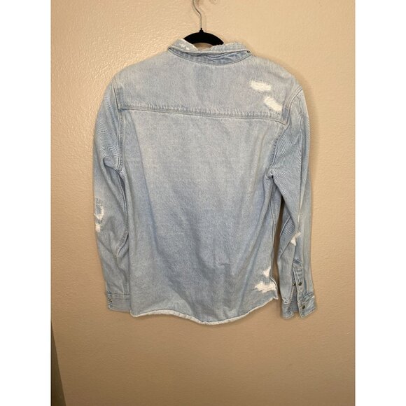 Zara Light Blue Distressed Denim Button-Up Shirt Relaxed Fit L Cotton Jacket - Picture 4 of 6